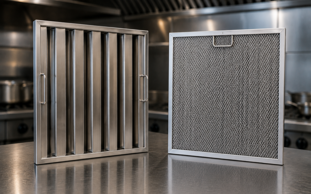 Filtro de inercia y filtro de malla utilizados en sistemas de extracción de cocinas industriales.